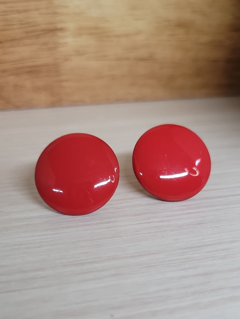 Vintage 80s Red Enamel Metal Dome Button Stud Earrings 1.25”